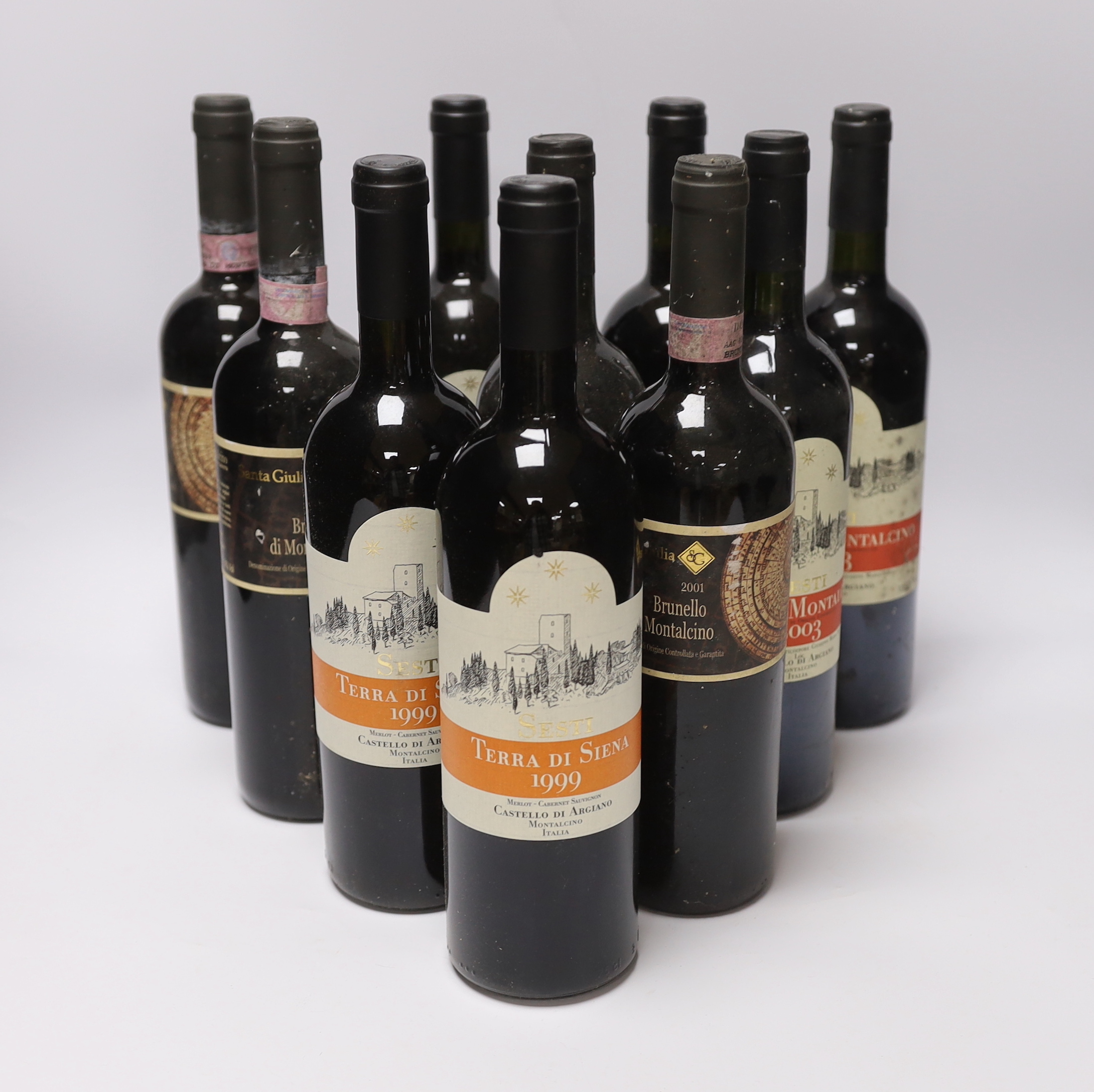 Ten bottles of red wine including three Rossi Di Montalcino 2003, four bottles of Terra Di Siena 1999 and three bottles of Brunello di Montalcino